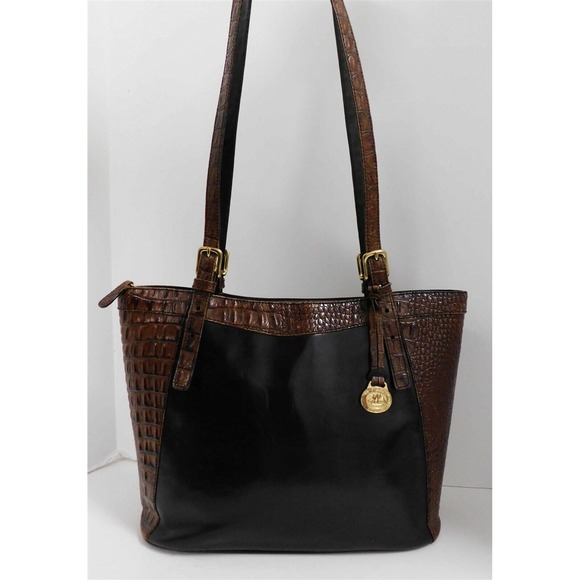 Brahmin Vintage Tuscan Black Leather Brown Croc‎ Alligator Tote Shoulder Bag - Picture 1 of 6